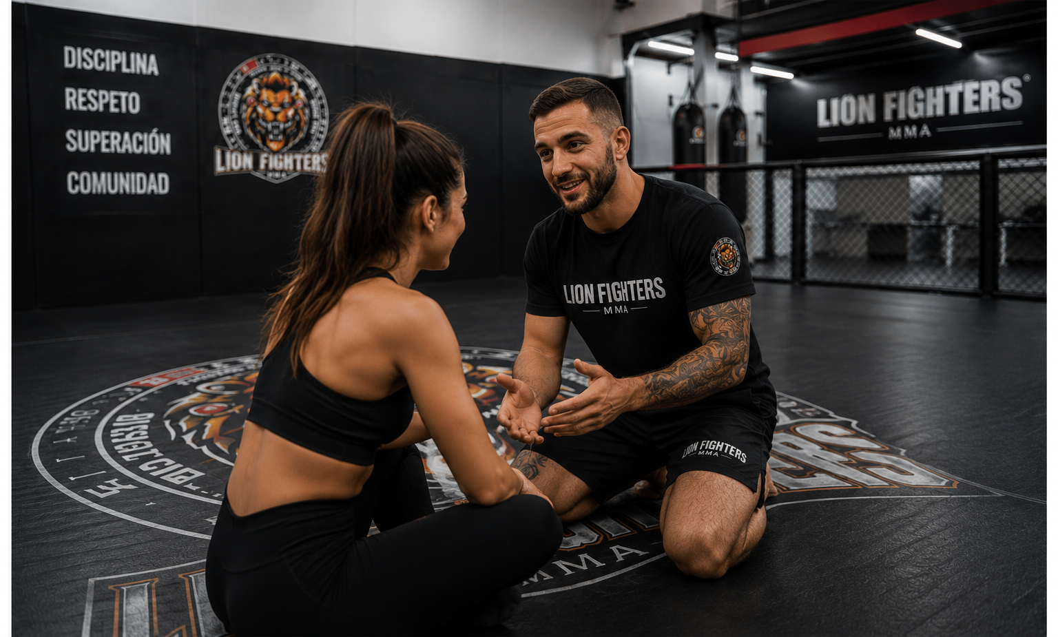 Entrenador de Lion Fighters atendiendo a una alumna en su primera clase