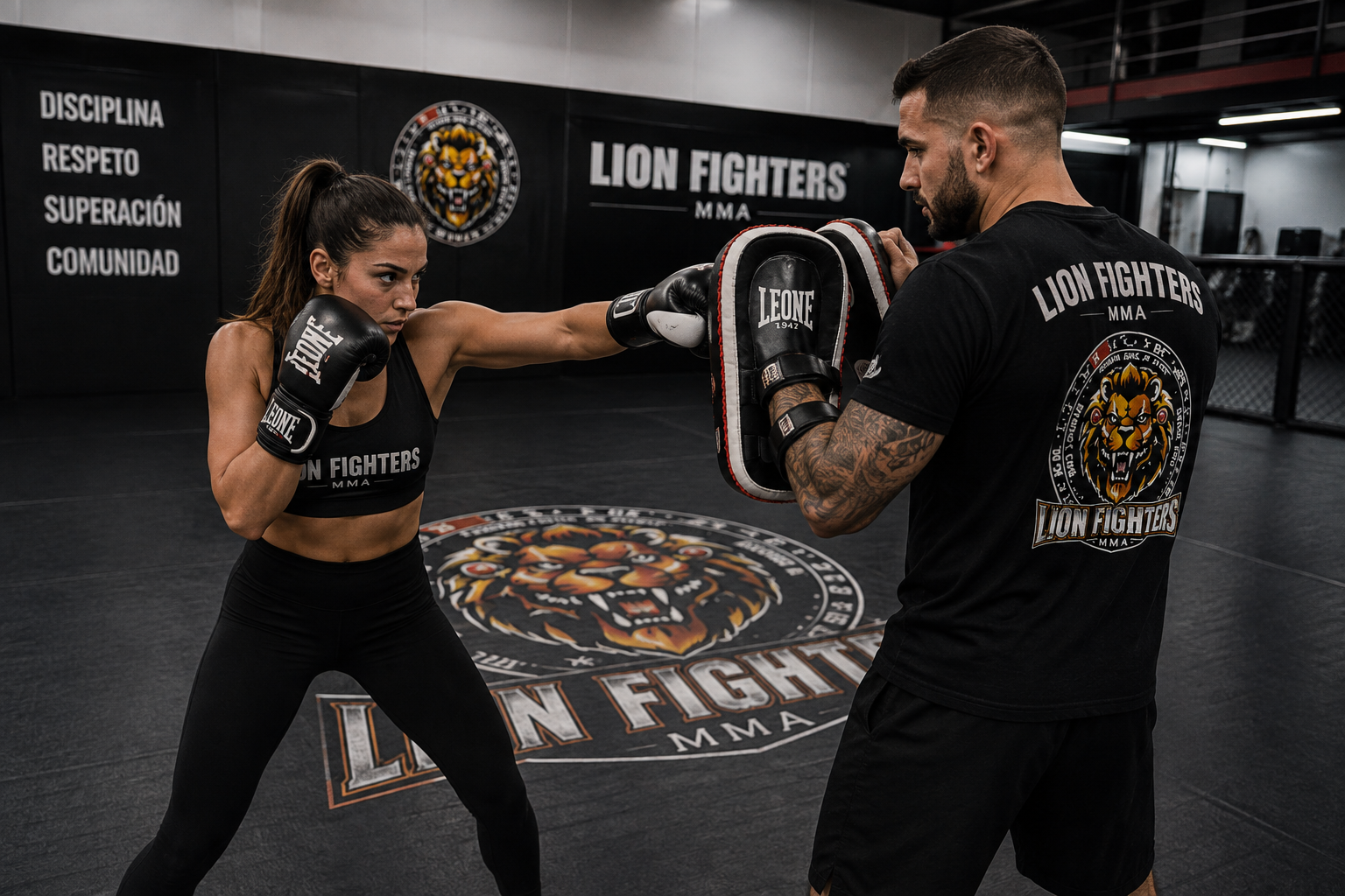 Mujer entrenando Boxeo y Kick Boxing con entrenador en Lion Fighters